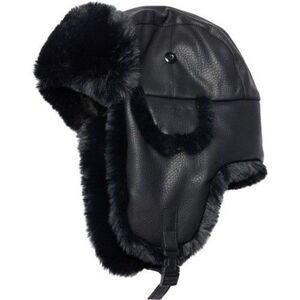 SCALA Trapper Hat Mens Large Black Faux Leather Faux Fur Ear Flaps Lined Winter